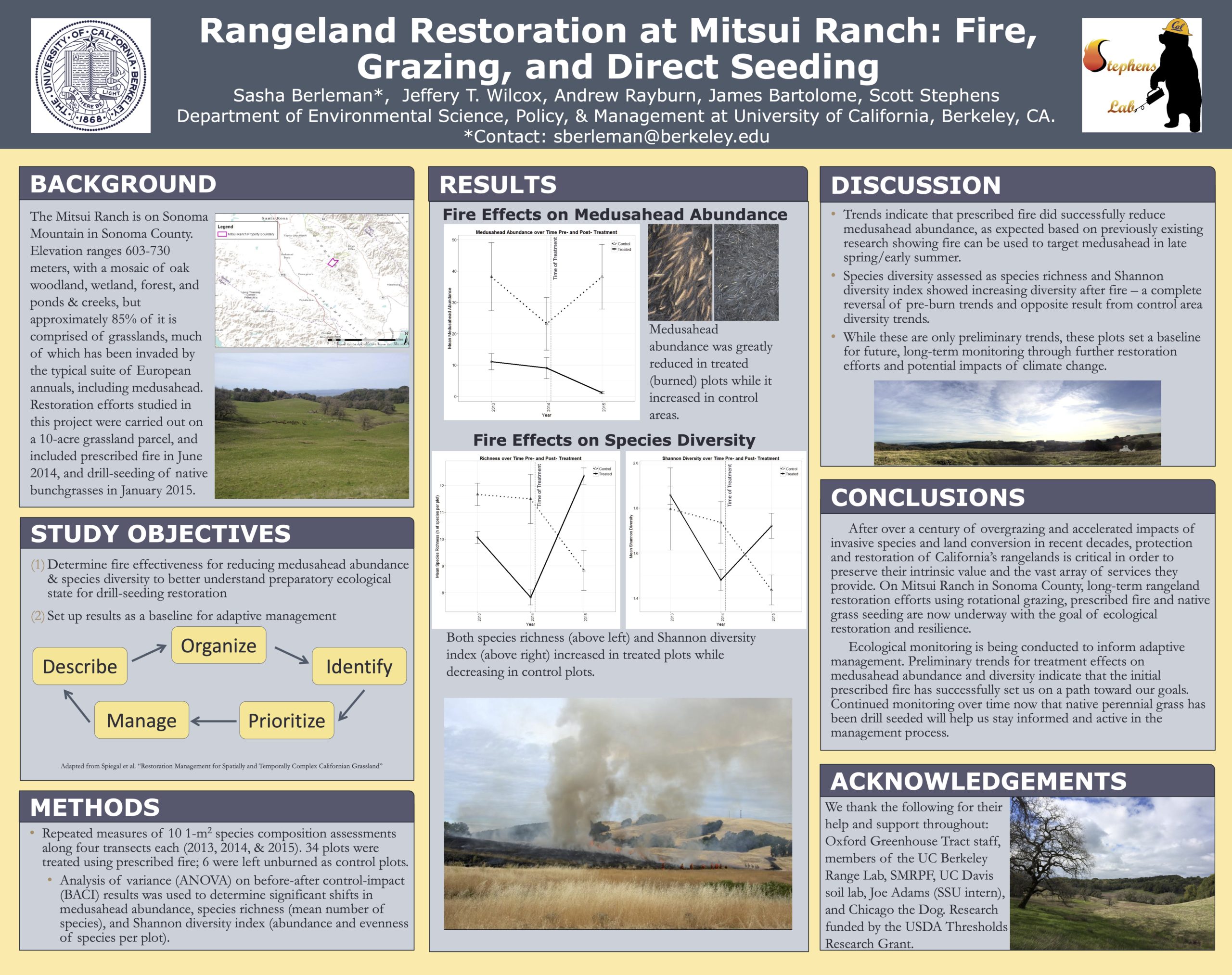 Berleman, S., J. T. Wilcox, A. P. Rayburn, J. Bartolome, and S. Stephens. 2017. Rangeland restoration at Mitsui Ranch: fire, grazing, and direct seeding. Poster Presentation. California Rangeland Conservation Coalition, Annual Meeting, Davis, CA.